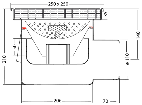 Technical image of VDB Industrial Drains Drain With 110mm Horizontal Out 250x250mm (Mesh).