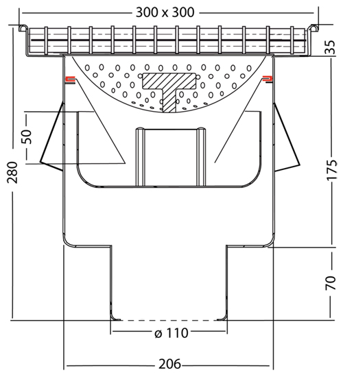 Technical image of VDB Industrial Drains Drain With 110mm Vertical Outlet 300x300mm (Mesh).