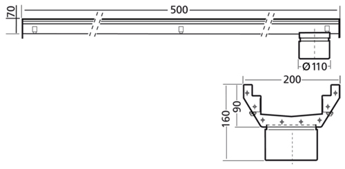 Technical image of VDB Industrial Drains Connect Channel Drain With 110mm Outlet 500x200mm.