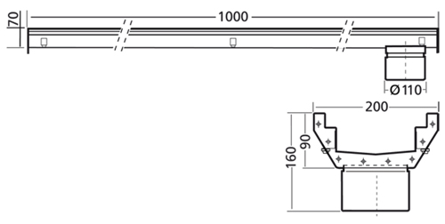 Technical image of VDB Industrial Drains Connect Channel Drain With 110mm Outlet 1000x200.