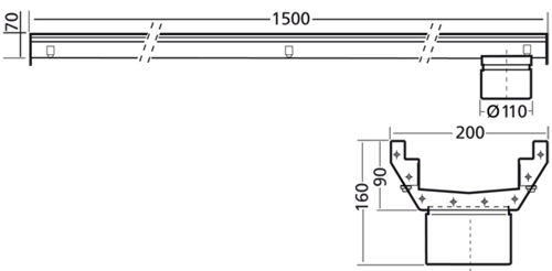 Technical image of VDB Industrial Drains Connect Channel Drain With 110mm Outlet 1500x200.