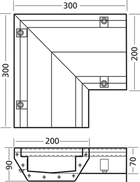 Technical image of VDB Industrial Drains Connect Channel Corner Part 300x300x200mm.