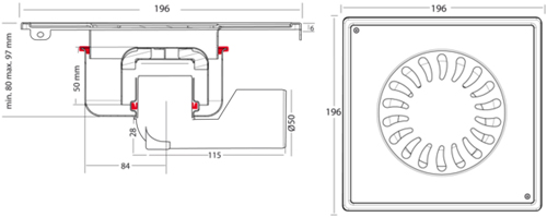 Technical image of VDB Shower Drains Steel Shower Drain 200x200mm (Screw Down Grate).