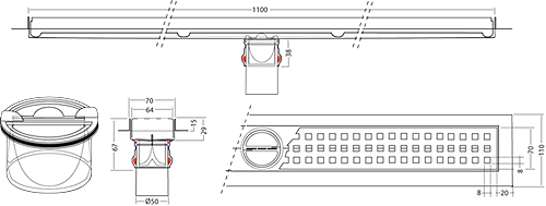 Technical image of VDB Channel Drains Premium Line Shower Channel 1100x70mm.