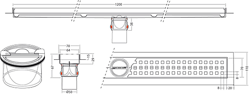 Technical image of VDB Channel Drains Premium Line Shower Channel 1200x70mm.