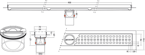 Technical image of VDB Channel Drains Premium Line Shower Channel 400x70mm.