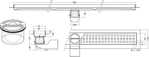 Technical image of VDB Channel Drains Premium Line Shower Channel 800x70mm.