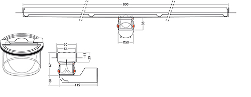 Technical image of VDB Channel Drains Premium Line Shower Channel 800x70mm (Perf).