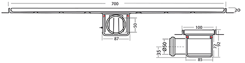 Technical image of VDB Channel Drains Standard Shower Channel 700x100mm (Wave).