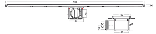 Technical image of VDB Channel Drains Standard Shower Channel 900x100mm (Wave).