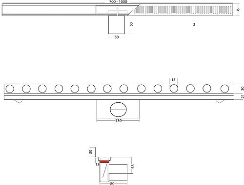 Technical image of VDB Channel Drains Perfect Shower Channel, Wall Flange 1000x35mm.