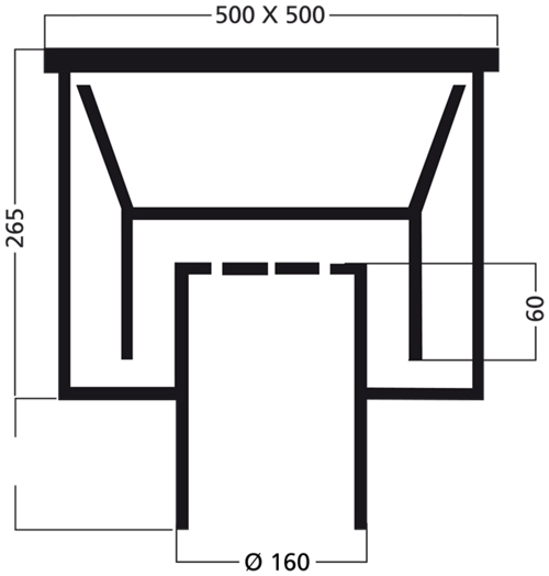 Technical image of VDB Industrial Drains Drain With 160mm Vertical Outlet 500x500mm.