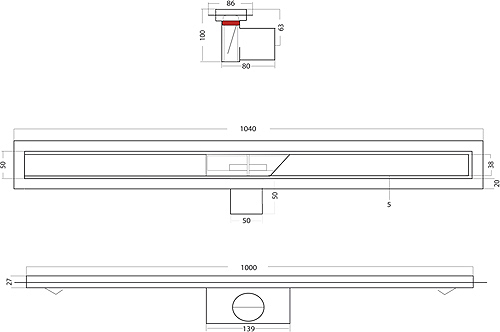 Technical image of VDB Tile Drains Shower Tile Channel 1000x50mm (Stainless Steel).