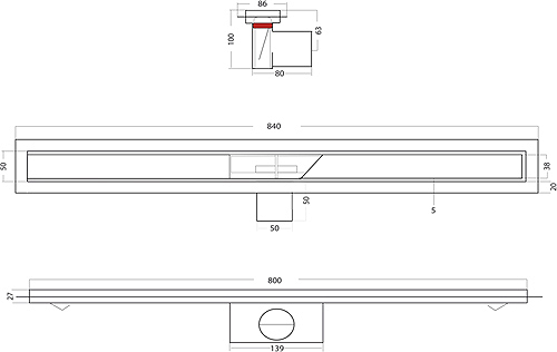 Technical image of VDB Tile Drains Shower Tile Channel 800x50mm (Stainless Steel).