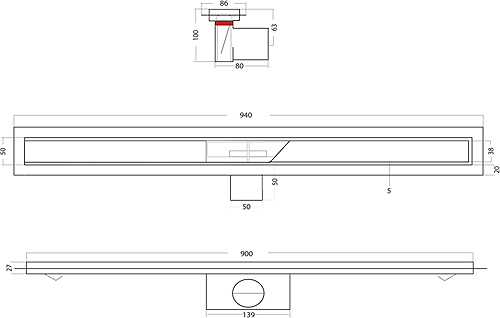 Technical image of VDB Tile Drains Shower Tile Channel 900x50mm (Stainless Steel).