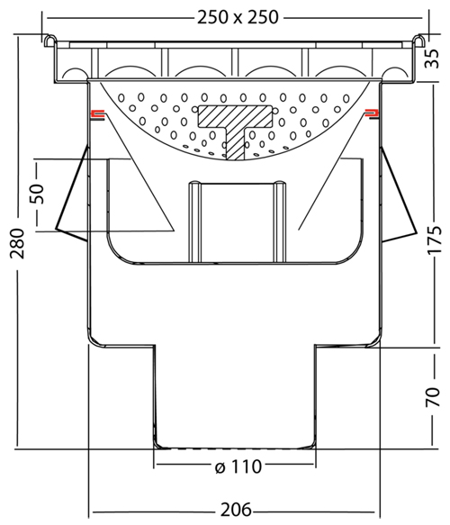 Technical image of VDB Industrial Drains Drain With 110mm Vertical Outlet 250x250mm.