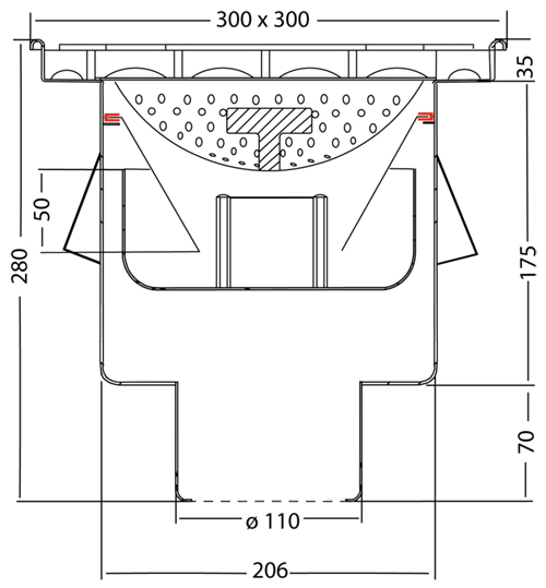 Technical image of VDB Industrial Drains Screw Down Drain With Vertical Outlet 300x300mm.