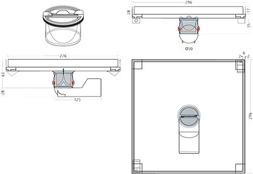 Technical image of VDB Tile Drains Shower Tile Drain 296x296mm (Stainless Steel).