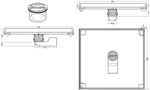 Technical image of VDB Tile Drains Shower Tile Drain 396x396mm (Stainless Steel).