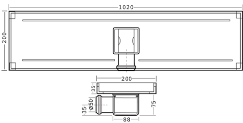 Technical image of VDB Tile Drains Shower Tile Channel 1020x200mm (Stainless Steel).