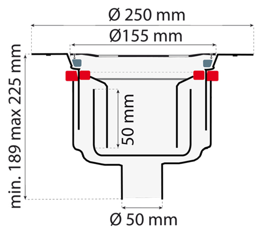 Technical image of VDB Vinyl Drains Shower Drain With 50mm Vertical Outlet (250mm, S Steel).