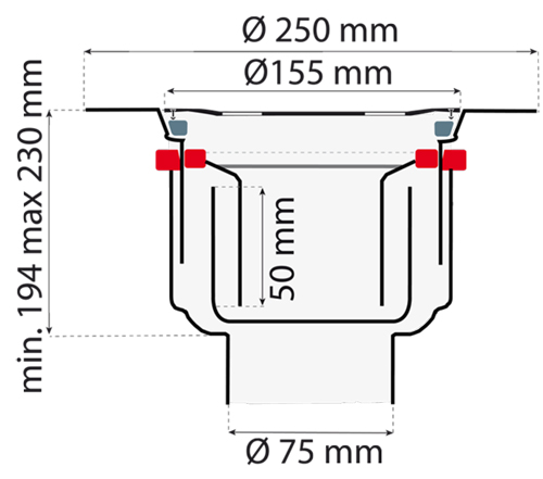 Technical image of VDB Vinyl Drains Shower Drain With 75mm Vertical Outlet (250mm, S Steel).