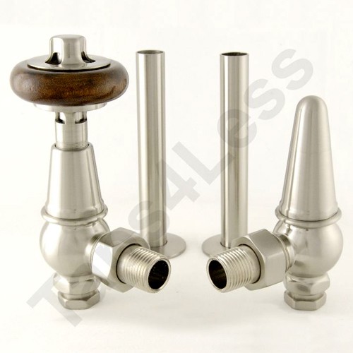 Larger image of Crown Radiator Valves Thermostatic Angled Rad Valves Kit (Satin Nickel).