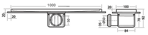 Technical image of Waterworld Rectangular Wetroom Shower Channel With Side Outlet. 1000mm.