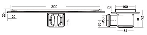 Technical image of Waterworld Rectangular Wetroom Shower Channel, Side Outlet. 300x100mm.