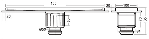 Technical image of Waterworld Rectangular Wetroom Shower Channel, Bottom Outlet. 400x100mm.