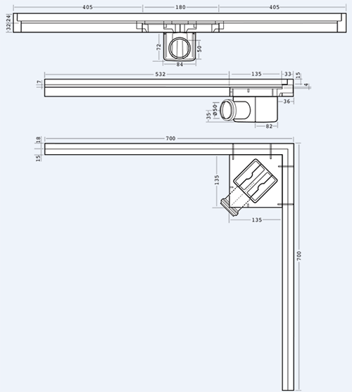 Technical image of Waterworld Corner Wall Channel Gully 700x700mm (Stainless Steel).