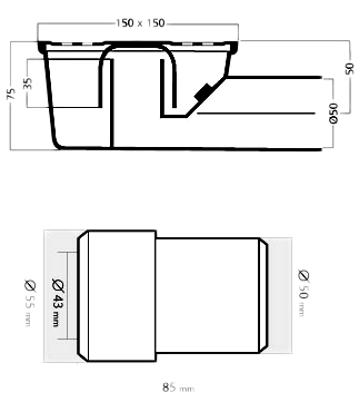 Technical image of Waterworld Wetroom Gully With Stainless Steel Grate, Side Outlet. 150mm.