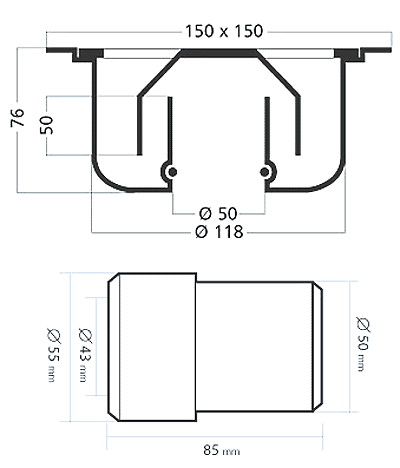 Technical image of Waterworld Stainless Steel Wetroom Drain Trap With Bottom Outlet. 150mm.