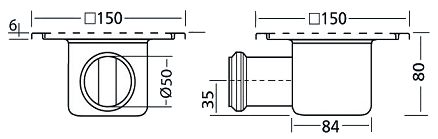 Technical image of Waterworld Stainless Steel Wetroom Gully, Side Outlet. 150x150x80mm.