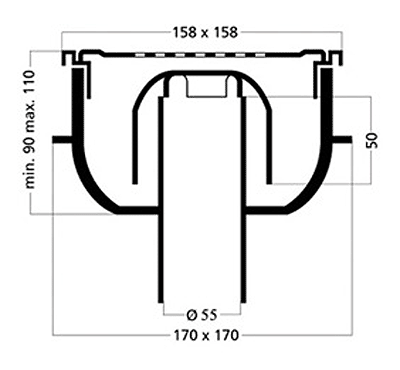 Technical image of Waterworld Wetroom Gully, Stainless Steel Grate, Bottom Outlet. 158mm