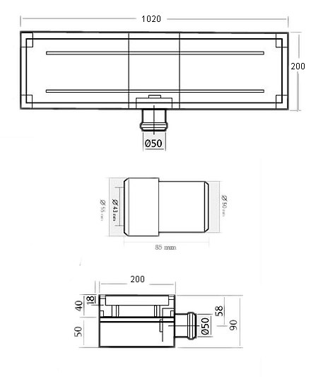 Technical image of Waterworld Stainless Steel Wetroom Tile Channel With Side Outlet. 1020mm.