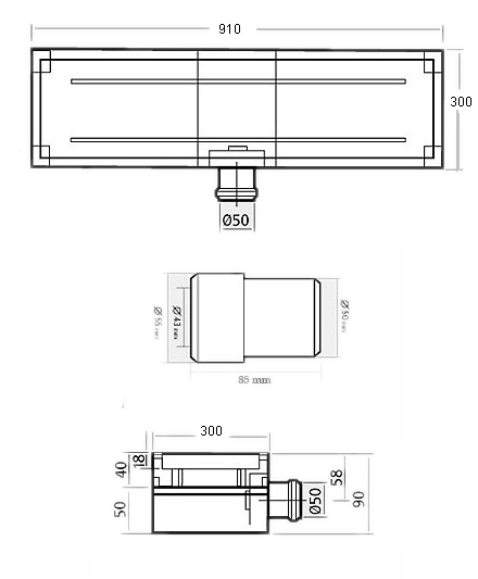 Technical image of Waterworld Stainless Steel Wetroom Tile Channel With Side Outlet. 910mm.