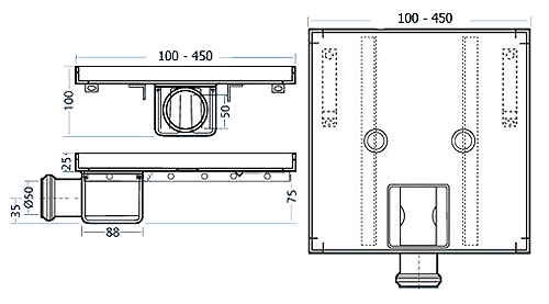 Technical image of Waterworld Stainless Steel Wetroom Tile Drain With Frame. 200x200mm.