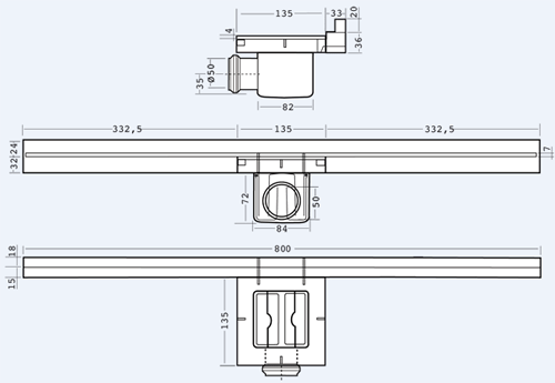 Technical image of Waterworld Wall Channel Gully With Side Outlet 800mm (Stainless Steel).