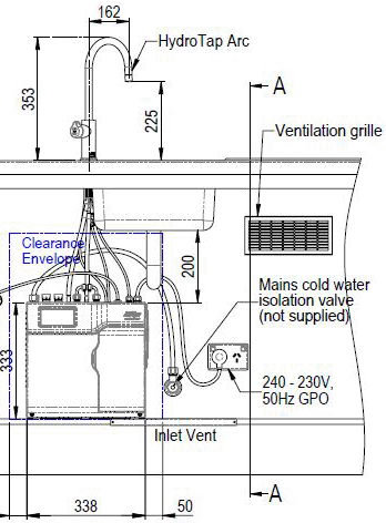 Technical image of Zip Arc Design Filtered Boiling Water Tap & Font (61 - 100 People, Gunmetal).