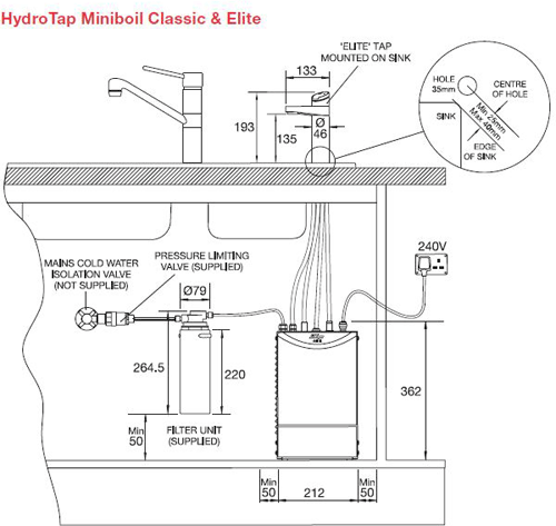 Technical image of Zip Arc Design Filtered Boiling Hot & Ambient Water Tap (Bright Chrome).